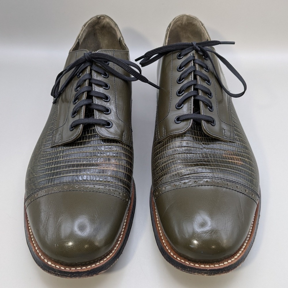 VTG Stacy Adams Madison Olive Green Leather Oxfords Faux Lizard Mens 9.5 D